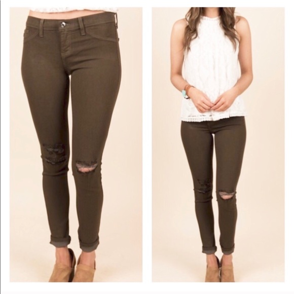 Olive Distressed Skinny Jeans - Picture 2 of 4